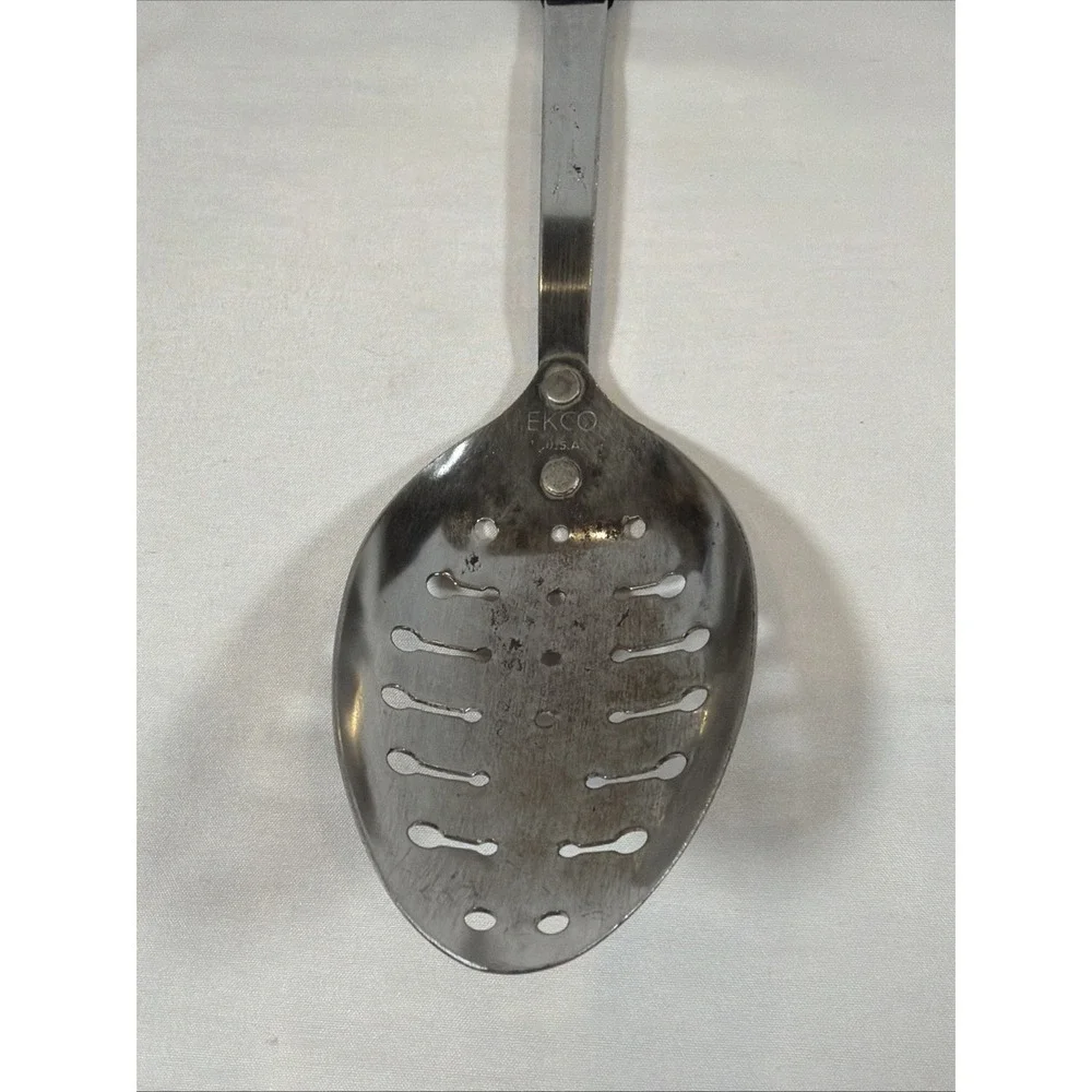 Vintage Ecko USA Slotted Metal Serving Spoon Utensil Black Plastic Handle  12
